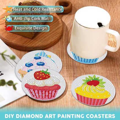PERFECTSIGHT 8 Pcs DIY Diamond Art Painting Coasters with Holder, Cute Diamond Paint Coaster Kits for Adults, Kawaii Full Drill Diamond Art Craft Paint by Number Non Slip Coaster - Silver Cupcake