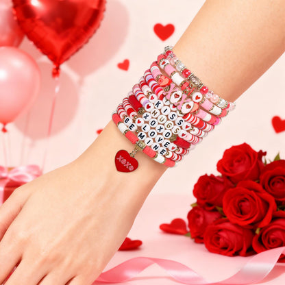 Tinrbip 40 Pcs Valentines Bracelets Kit, Clay Stretch Valentine Bracelets for Women, Cute Love Kiss Heart Friendship Bracelet, Stackable Valentines Day Bracelet Bulk, Valentine's Day Jewelry