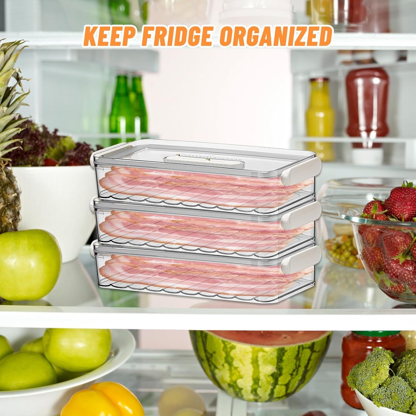 BigKing Bacon Container with Tongs, BPA Free Refrigerator Lunch Meat Keeper, Airtight Fridge Organizer with Lids