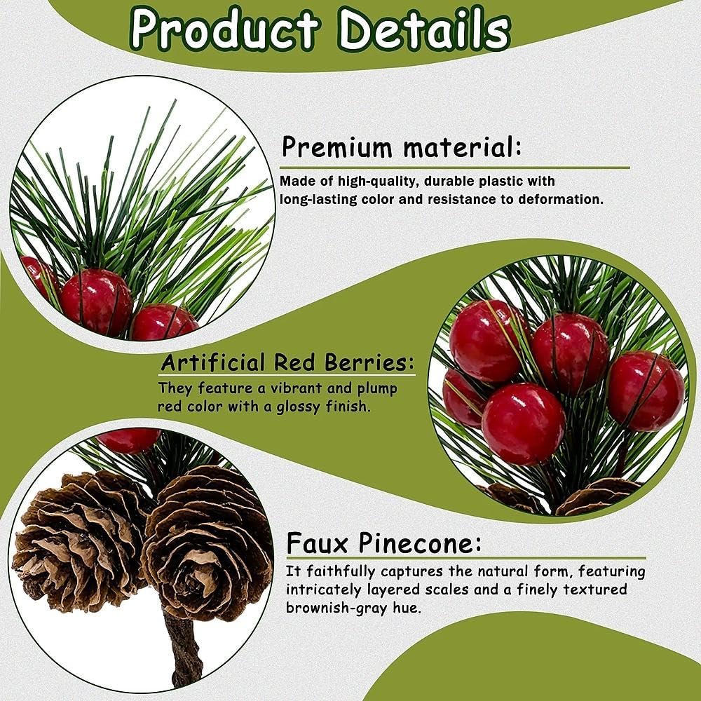 Tebiefat 30 Pcs Artificial Pine Cone Red Berry Picks Stems, Small Fake Holly Berries Needles Branches with Pinecones Christmas Floral Leaves for Crafts Vase Xmas Tree DIY Holiday Decor