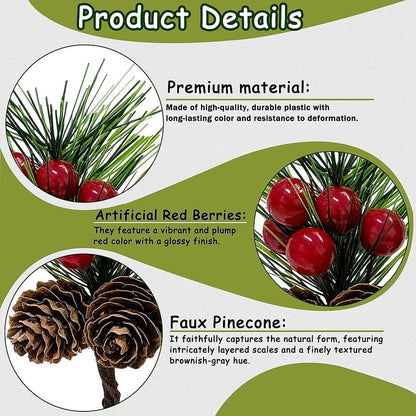 Tebiefat 30 Pcs Artificial Pine Cone Red Berry Picks Stems, Small Fake Holly Berries Needles Branches with Pinecones Christmas Floral Leaves for Crafts Vase Xmas Tree DIY Holiday Decor