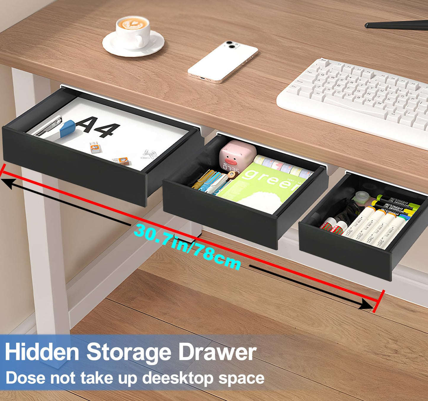 SVNNELP Under Desk Table Drawer Storage Organizer,3 Pack Large & Medium & Small Slide Out Desk Drawers - Hidden Desktop Organizer,Adhesive Storage Pencil Tray Under Table(BLACK/LMS)