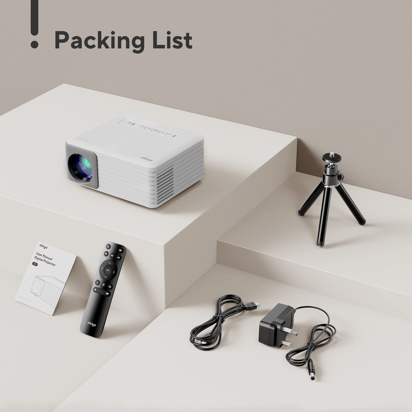 Mini Projector with WiFi and Bluetooth, AKIYO 1080P Supported Projector with Projector Stand, Portable Movie Projector for Home Theater/Outdoor, Compatible with iOS/Android/Laptop/TV Stick/HDMI/PS5