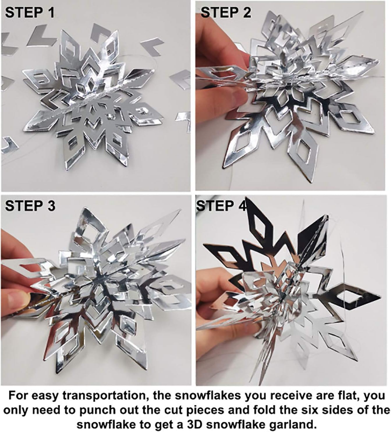 OuMuaMua Winter Christmas Hanging Decorations - 12PCS 3D Large Silver Snowflakes & 12PCS White Paper Snowflakes Garland