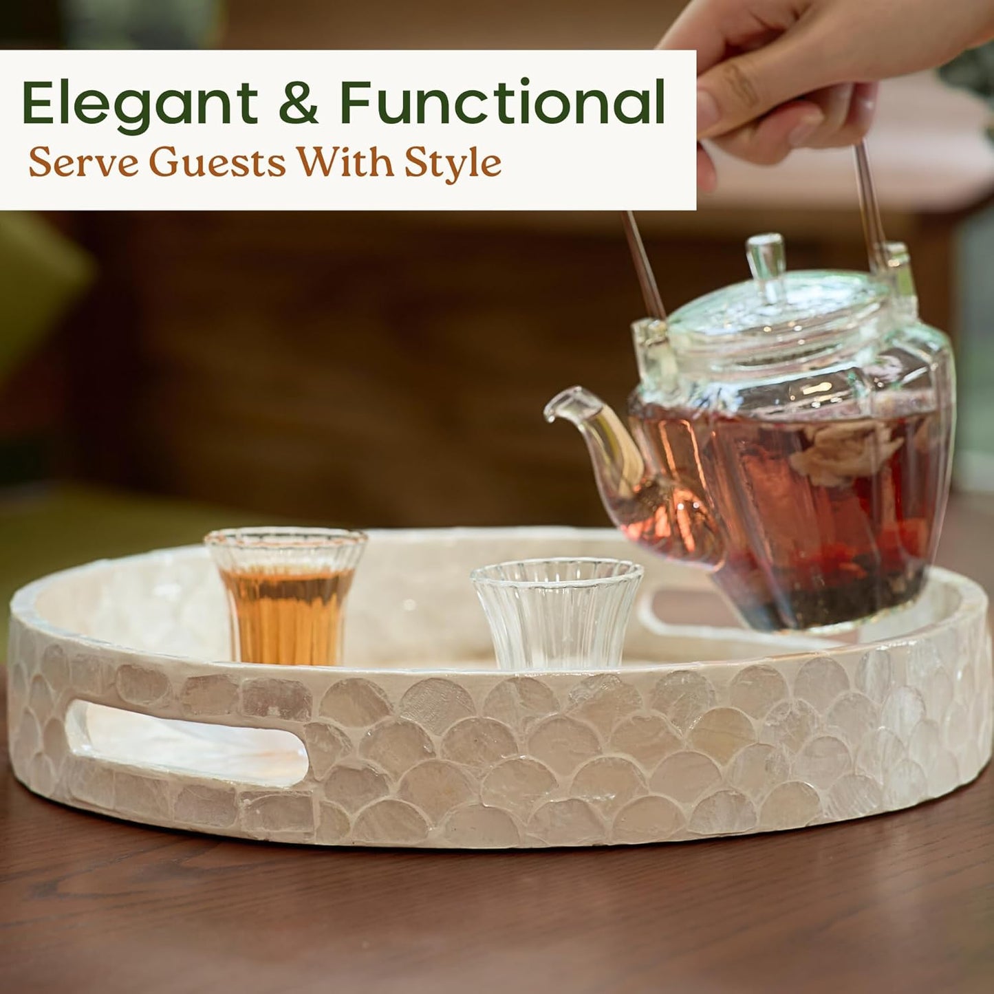 12.6 Inch Counter, CHI AN HOME Capiz Round Decorative Tray, Decorative Serving Tray with Handles for Coffee Table