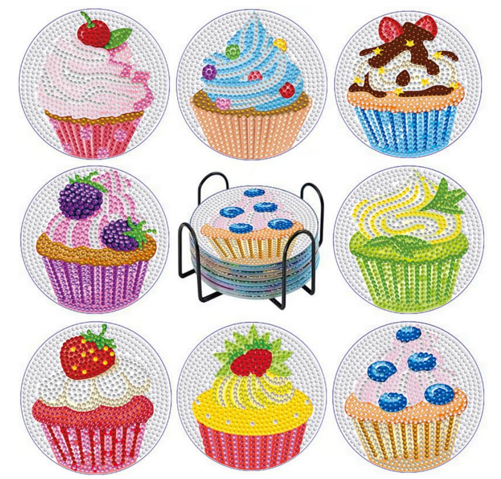 PERFECTSIGHT 8 Pcs DIY Diamond Art Painting Coasters with Holder, Cute Diamond Paint Coaster Kits for Adults, Kawaii Full Drill Diamond Art Craft Paint by Number Non Slip Coaster - Silver Cupcake