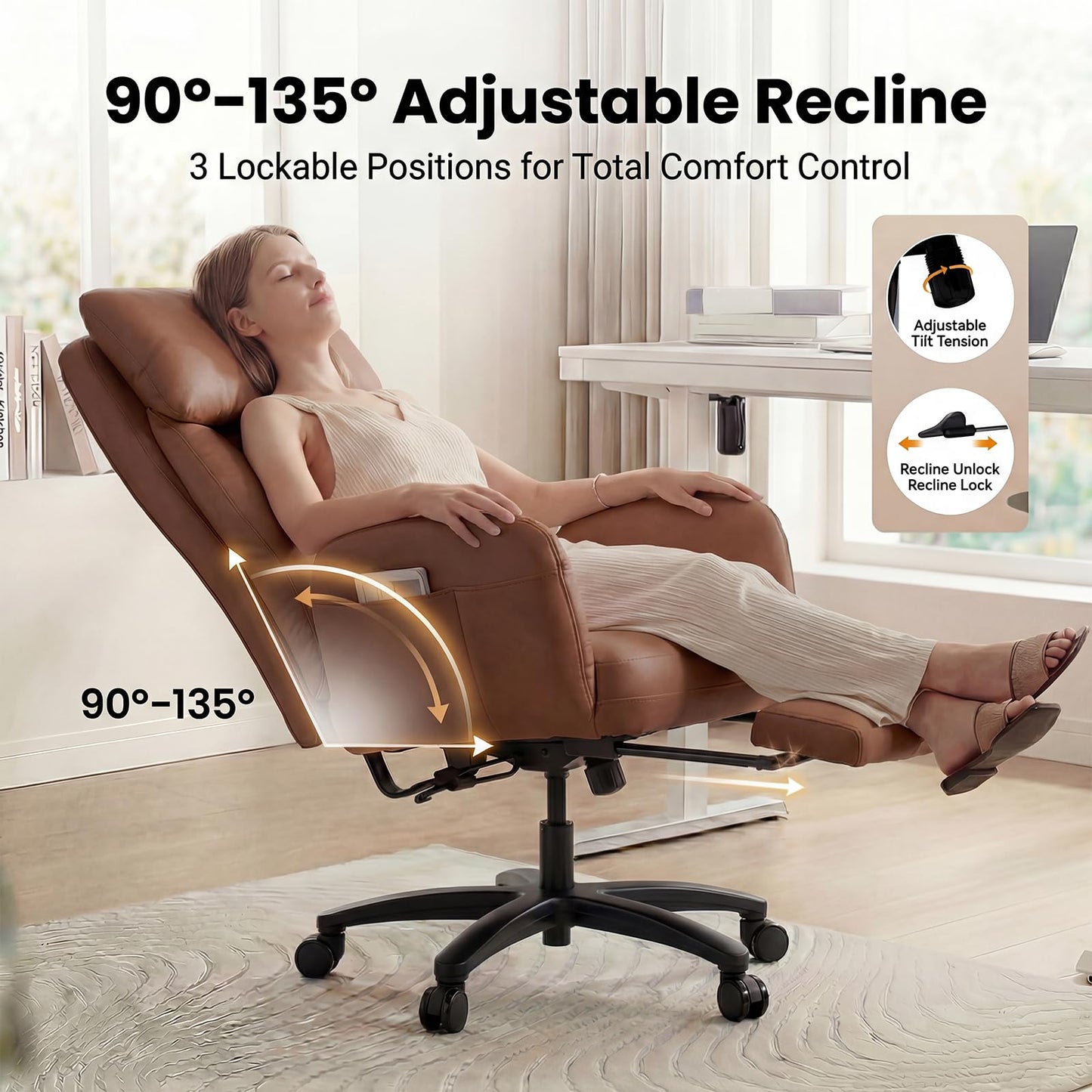 JULYMON Cross Legged Office Chair with Pets Friendly Seat, Plus Size Criss Cross Desk Chair, Big and Tall Office Chair with Foot Rest, Reversible Armrests & Wide Seat, Brown
