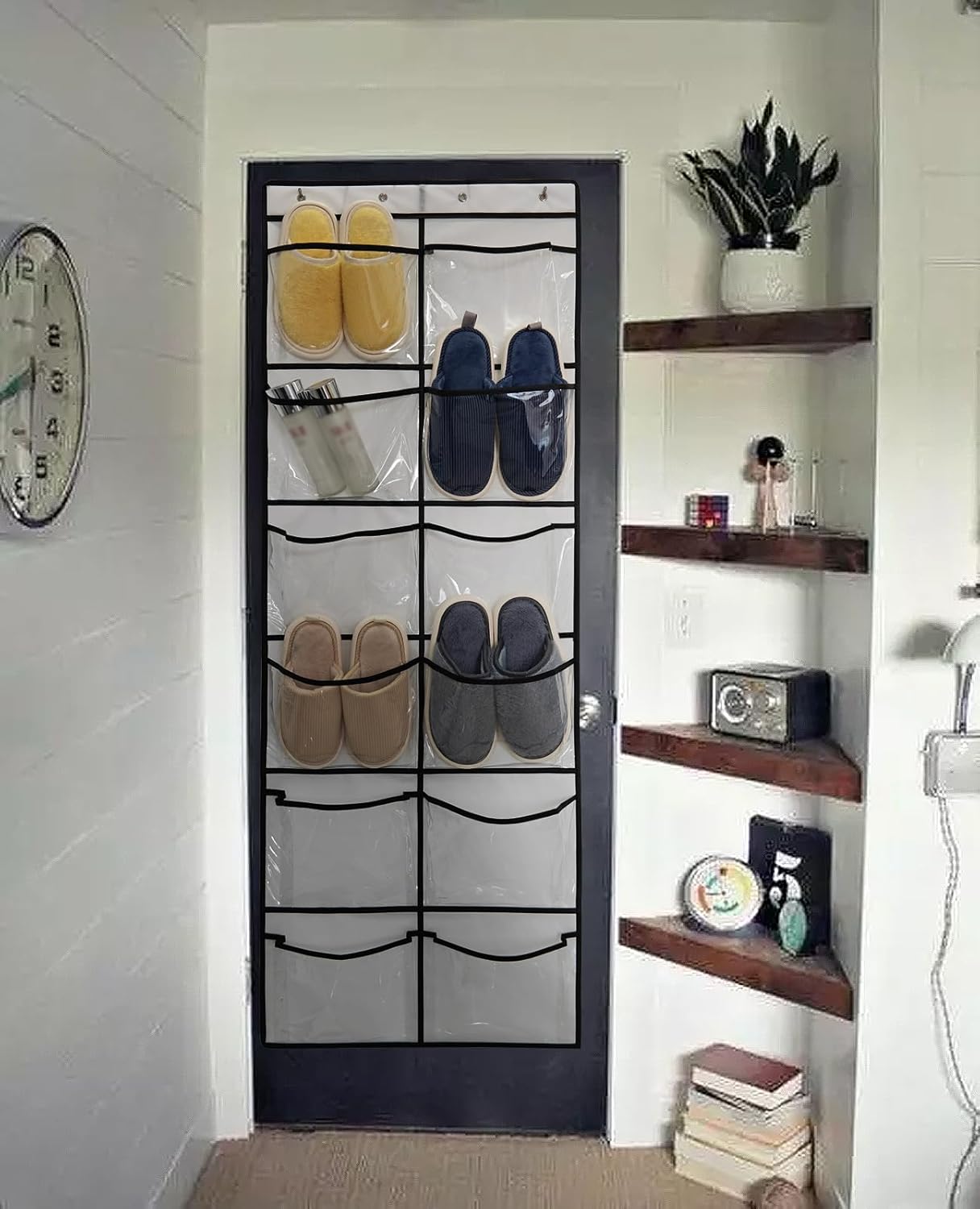 1 Pack 12Pockets Closet 4Hooks, (59'' 21.6'') Clear Crystal Large Hanging Shoe Organizer Over The Door Shoe Rack