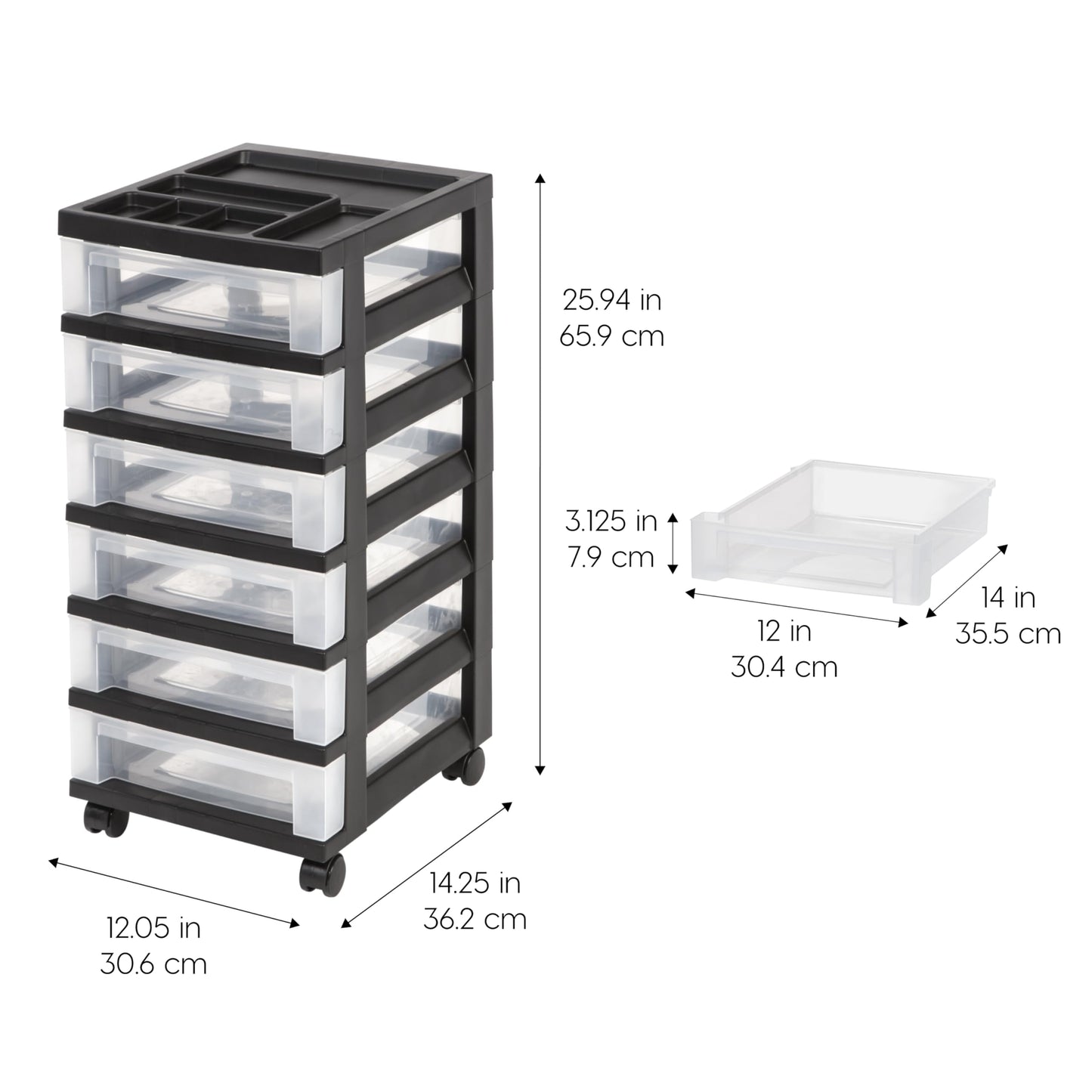 IRIS USA Plastic Drawer Storage Organizer Rolling Cart, with Wheels Casters, 6-Drawers, for Classroom Art Craft Supplies Dresser Closet Bathroom Laundry Room, Black/Clear