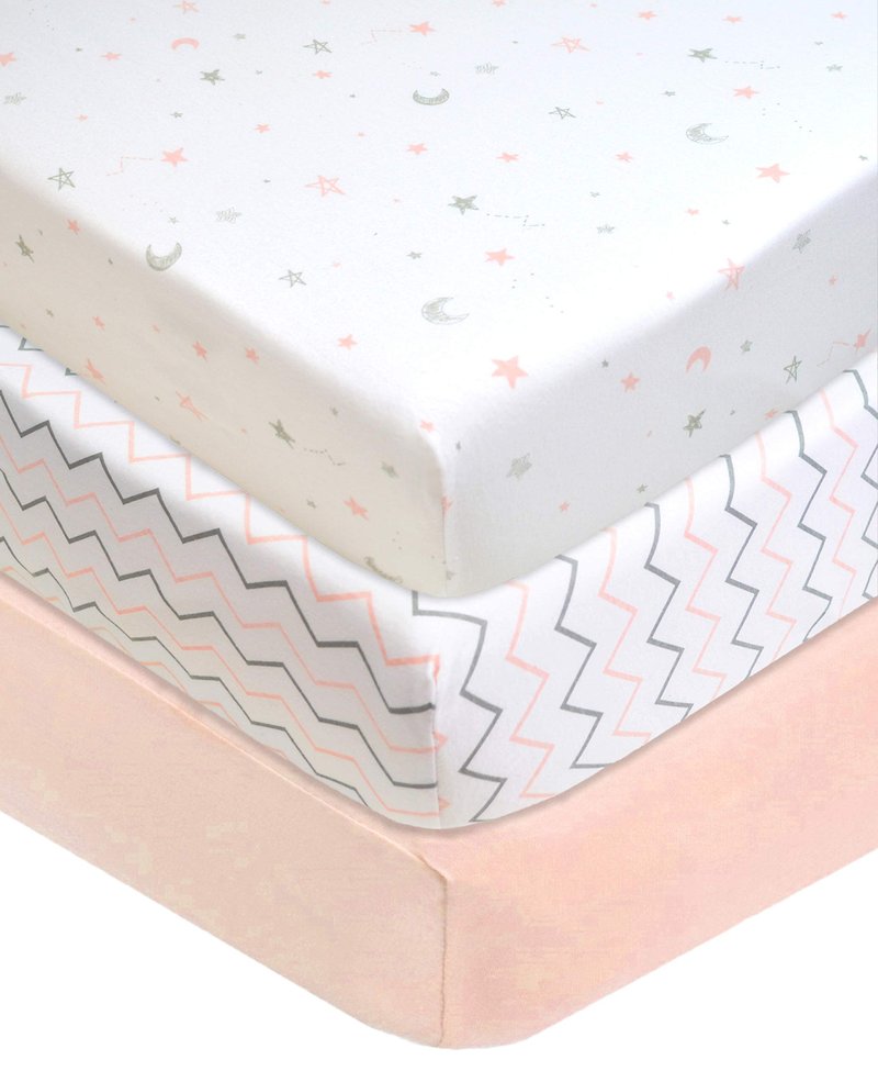American Baby Company 3 Pack 100% Natural Cotton Fitted Pack and Play Sheets 39" x 27" - Soft & Breathable Pack N Play Sheets for Playard & Mini Crib Mattress, Pink Star/Zigzag, for Boys & Girls