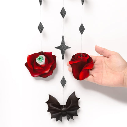Cheerland Skull Rose Halloween Decorations Red Rose Skull Garlands Gothic Party Decorations Hanging Skeleton Streamers Witchy Decor Gothic Birthday Decoration Spooky Red Black Skull Banner Supplies