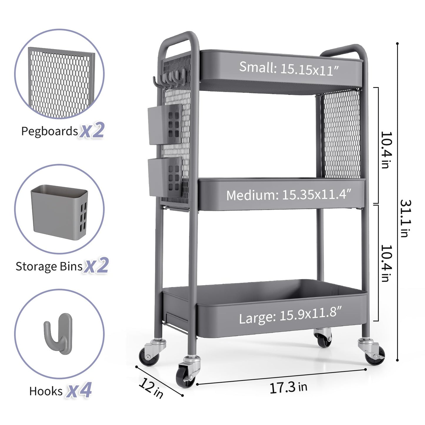 TOOLF 3 Tier Rolling Cart Storage Organizer, Metal Rolling Utility Cart with Wheels, Hooks & Bins Esthetician Craft Art Sturdy Storage with Pegboard for Bathroom, Kitchen, Office, Nursery Diaper