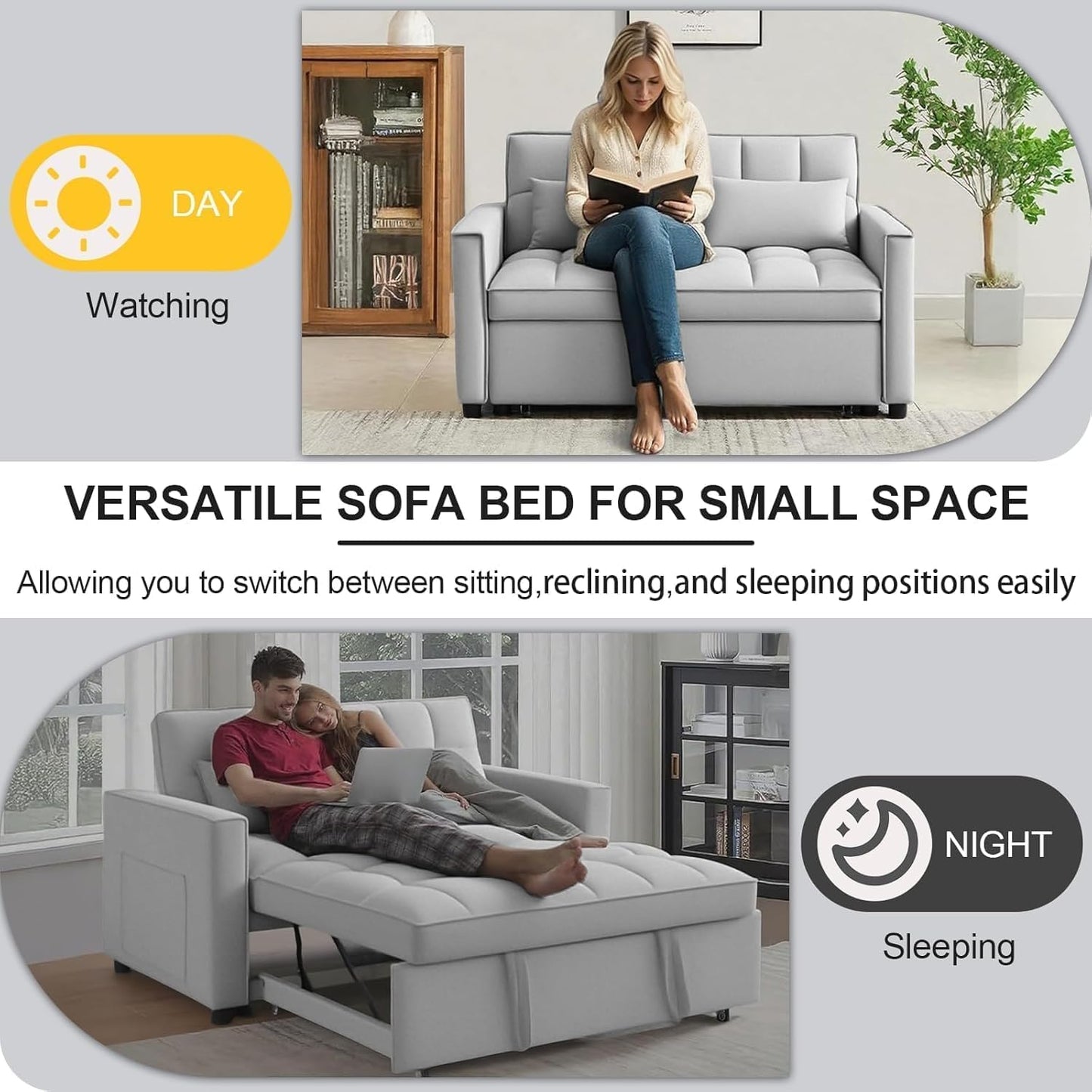 Trygoal 3-in-1 Sofa Bed, 53" Pull-Out Sleeper Sofa Bed with 3-Level Adjustable Backrest, Velvet Fabric Loveseat Sleeper Couch for Living Room & Bedroom & Apartment & Dorm Furniture, Light Gray