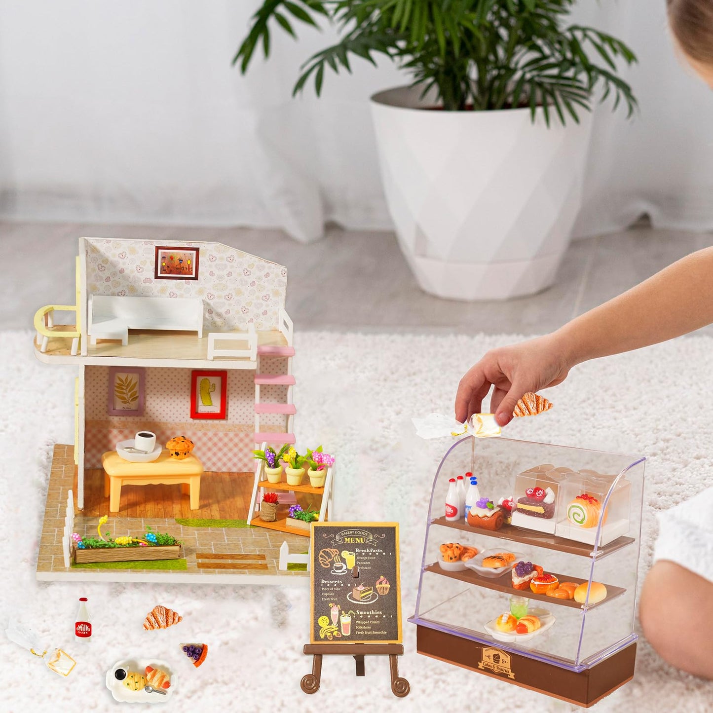 92 Pcs Miniature Bakery Case Cake Stand Cabinet with Mini Foods Set Miniature Food Cake Bread Dessert Milk Donuts for 1:12 Scale Mini Bakery Bread Shop Scene Models Mini House Kitchen Accessory