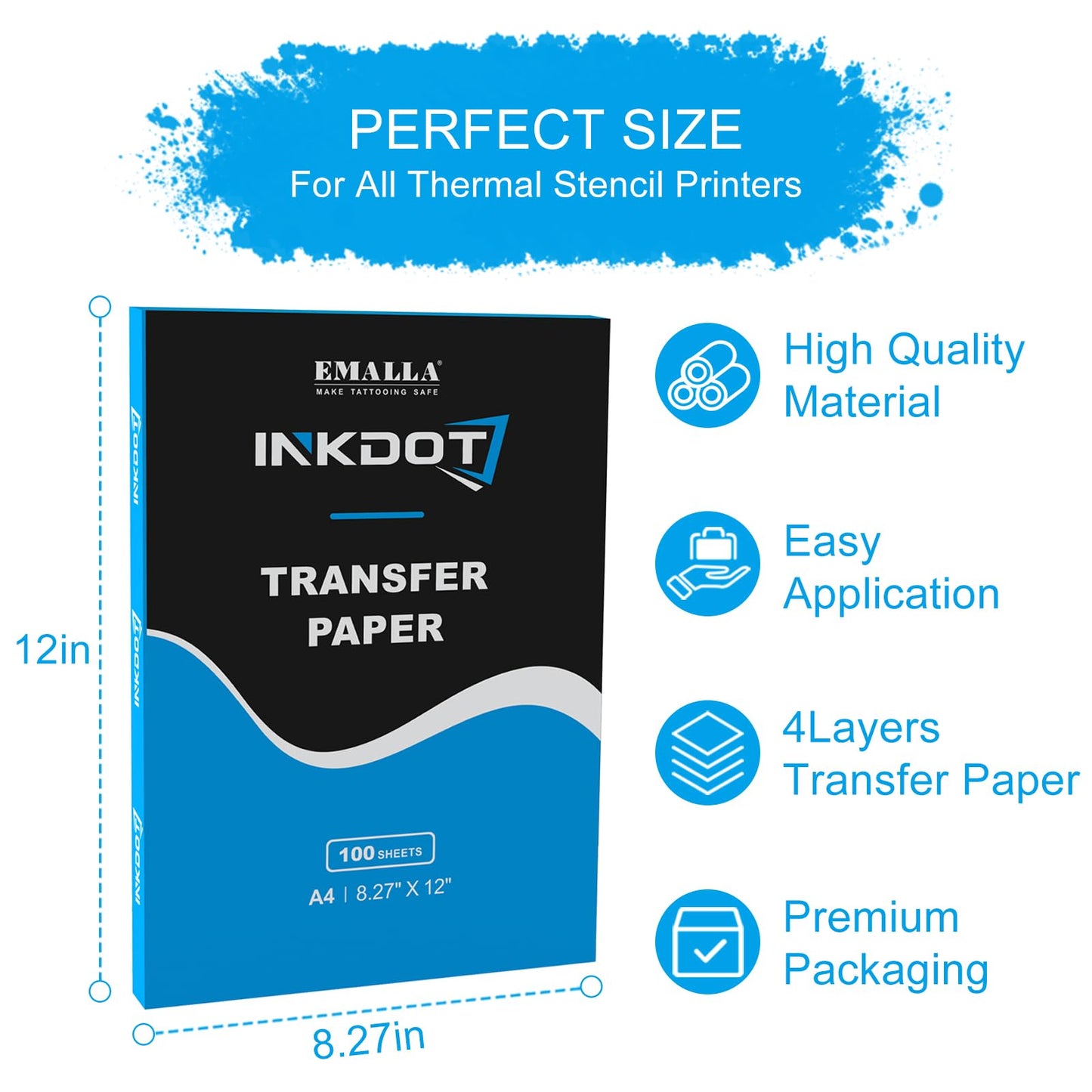 Emalla INKDOT Tattoo Transfer Paper, 100 Sheets Premium Stencil Paper 4-Layer Thermal Transfer Paper 8.27" X 12" for Crisp Designs A4 Size Tracing Paper for Beginners or Artist Tattoo Supplies