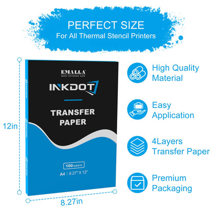 Emalla INKDOT Tattoo Transfer Paper, 100 Sheets Premium Stencil Paper 4-Layer Thermal Transfer Paper 8.27" X 12" for Crisp Designs A4 Size Tracing Paper for Beginners or Artist Tattoo Supplies
