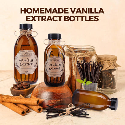 12 Pack, 8 OZ Amber Glass Bottles with Caps Leakproof Refilllable Empty Brown Boston Sample Dispensing Bottles for Homemade Vanilla Extract, Essential Oils, Potion, Juice, Ginger Shots, Liquids