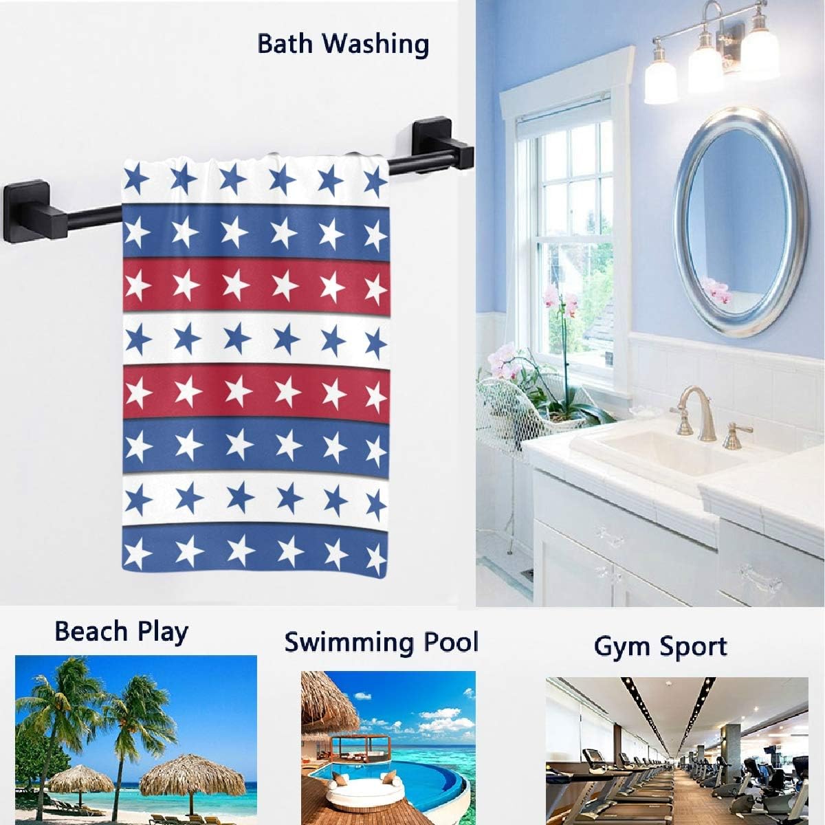 Naanle Stylish Independence Day USA 4th of July Stars Stripes Soft Large Hand Towels for Bathroom, Hotel, Gym (16" x