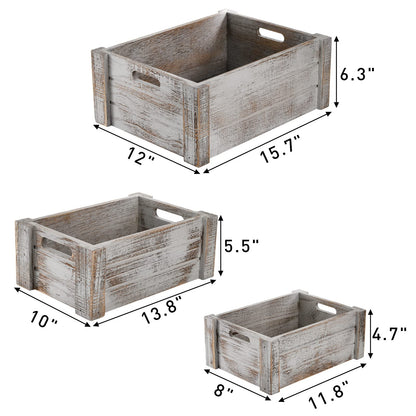 Hacaroa 3 Pack Wood Crates with Handles, Rustic Nesting Storage Container Box Decorative Wooden Basket Bins for Fruit, Vegetable, Home, Laundry, Farmhouse, 3 Sizes
