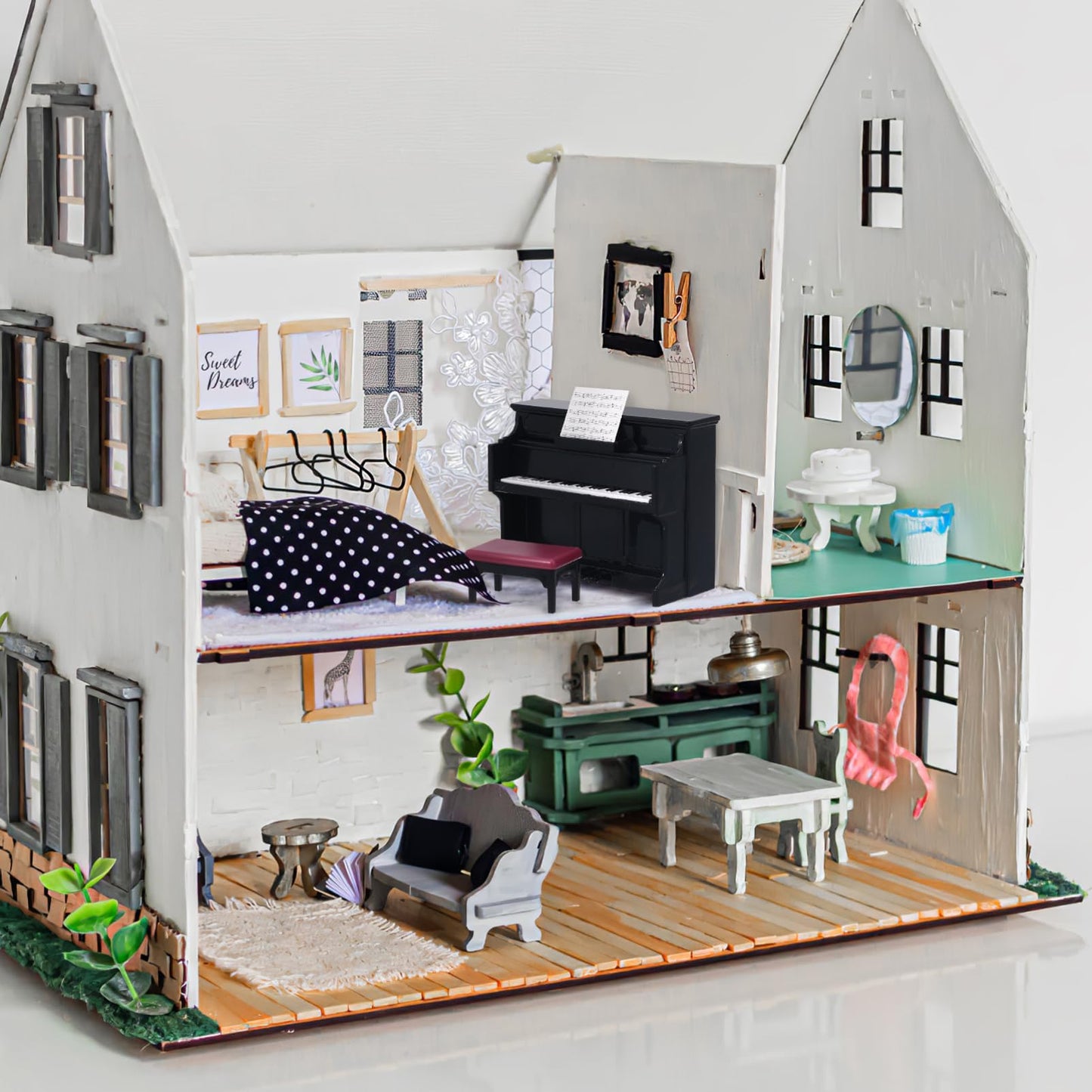 HEALLILY Mini Dollhouse Piano: Black Plastic Dollhouse Piano and Stool Set with Music Sheet for Scene Shooting Props Doll House Decoration, 3.58 X 2.75 X 1.45 Inches