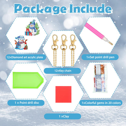 Ferraycle 12 Pcs Diamond Art Winter Ornaments Snowman Diamond Painting Kit DIY Art Keychains Winter Hanging Ornaments for Home Crafts Christmas Decorations(Blue)