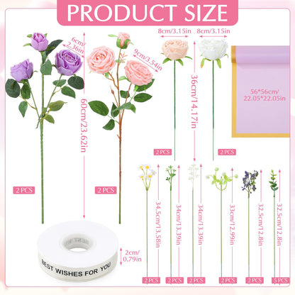 Ovveroche DIY Purple Flower Bouquet Set Artificial Preserved Roses with Eucalyptus Lavender White Roses Perfect for Wedding Birthday Valentine's Day Party Decoration