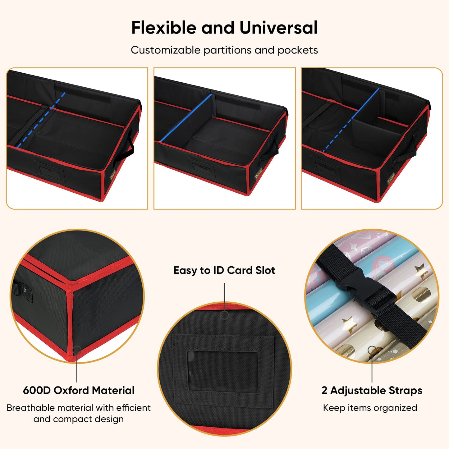 BALEINE Wrapping Paper Storage Organizer, 40" Durable 600D Oxford Fabric Gift Wrap Storage Bag with Flexible Partitions for Ribbon, Holiday Accessories (Black/Red)