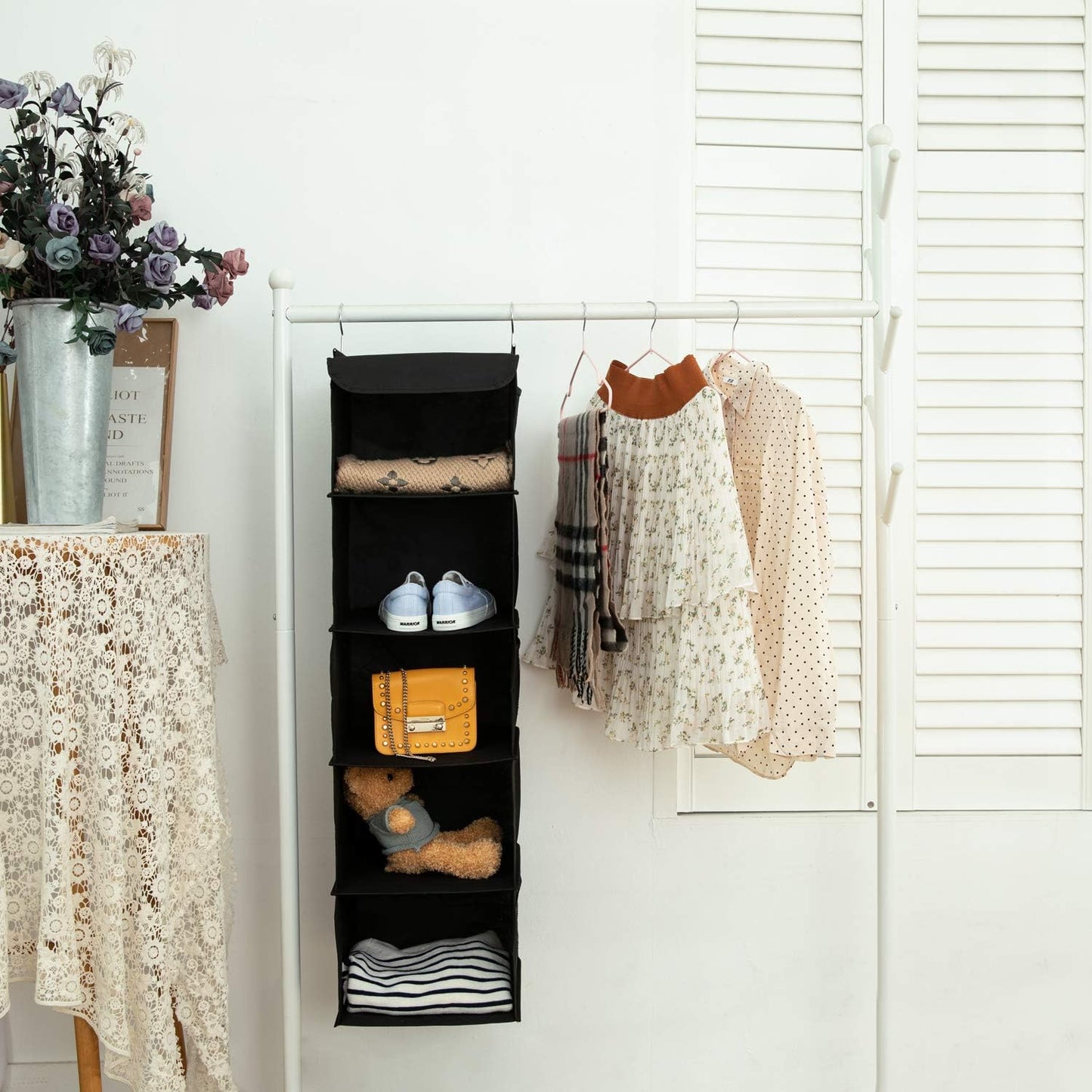 BrilliantJo 2 Pack Closet 5 6 43"x12"x12"(Black) Hanging Organizer, Shelves Hanging Storage with Side Pockets