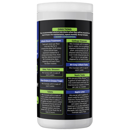 Enzyme Drain and Septic Cleaner and Friendly Bacteria Booster. Extra Large 2 lb. Deodorizes and Unclogs Pipes - Septic Tanks - RV Tanks-and More. No Caustic Chemicals! Dissolves Fats, Oil, and Grease.