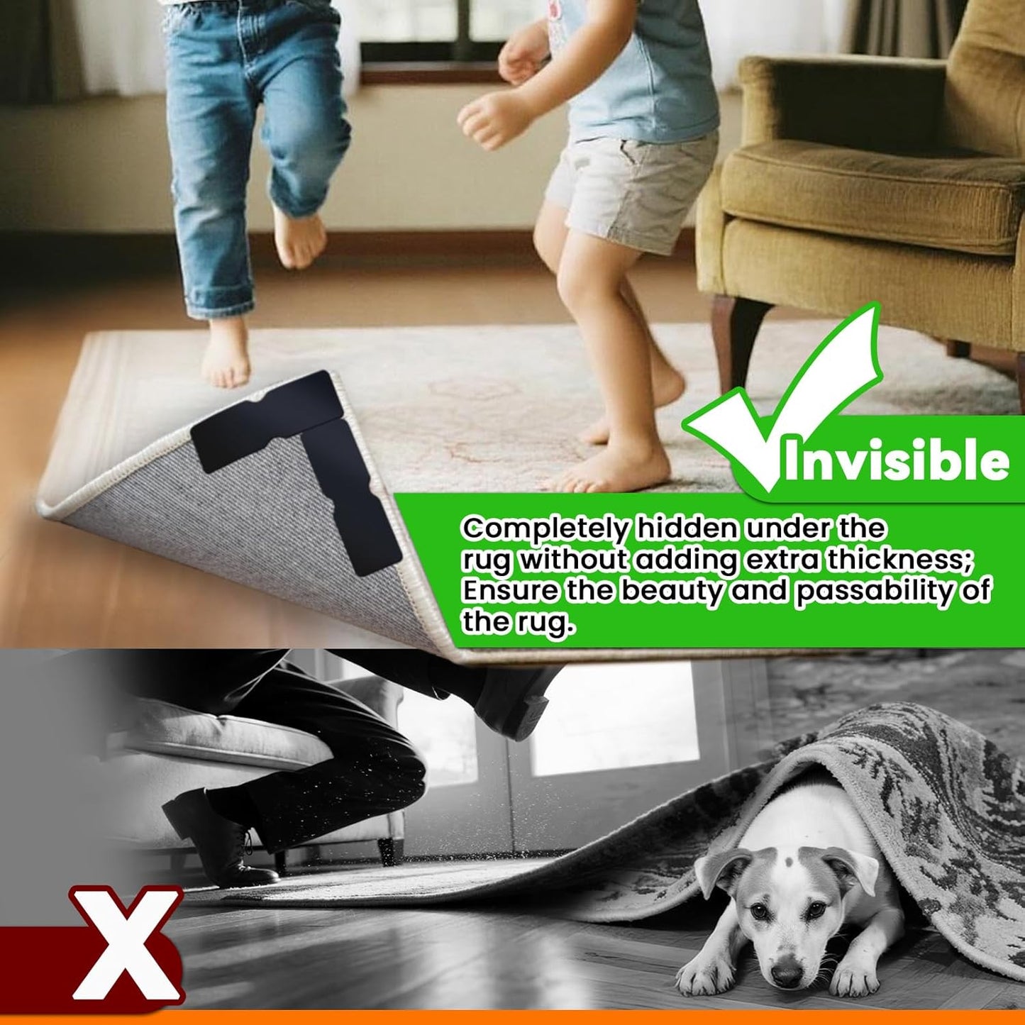 Skiennix Non-Slip Rug Grippers - Reusable Carpet Tape Pads for Hardwood & Tile Floors (12 Pack)