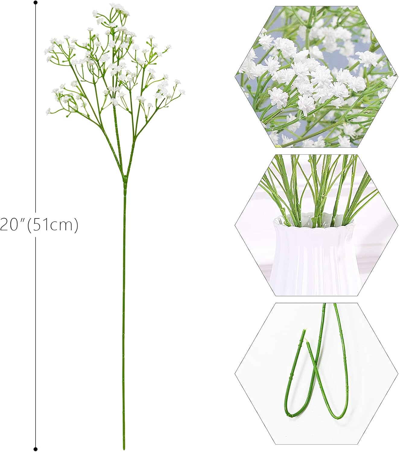 Olrla White Babys Breath Artificial Flowers - 10 Pcs Long Stem Fake Gypsophila for Wedding Bouquets and Home Decoration