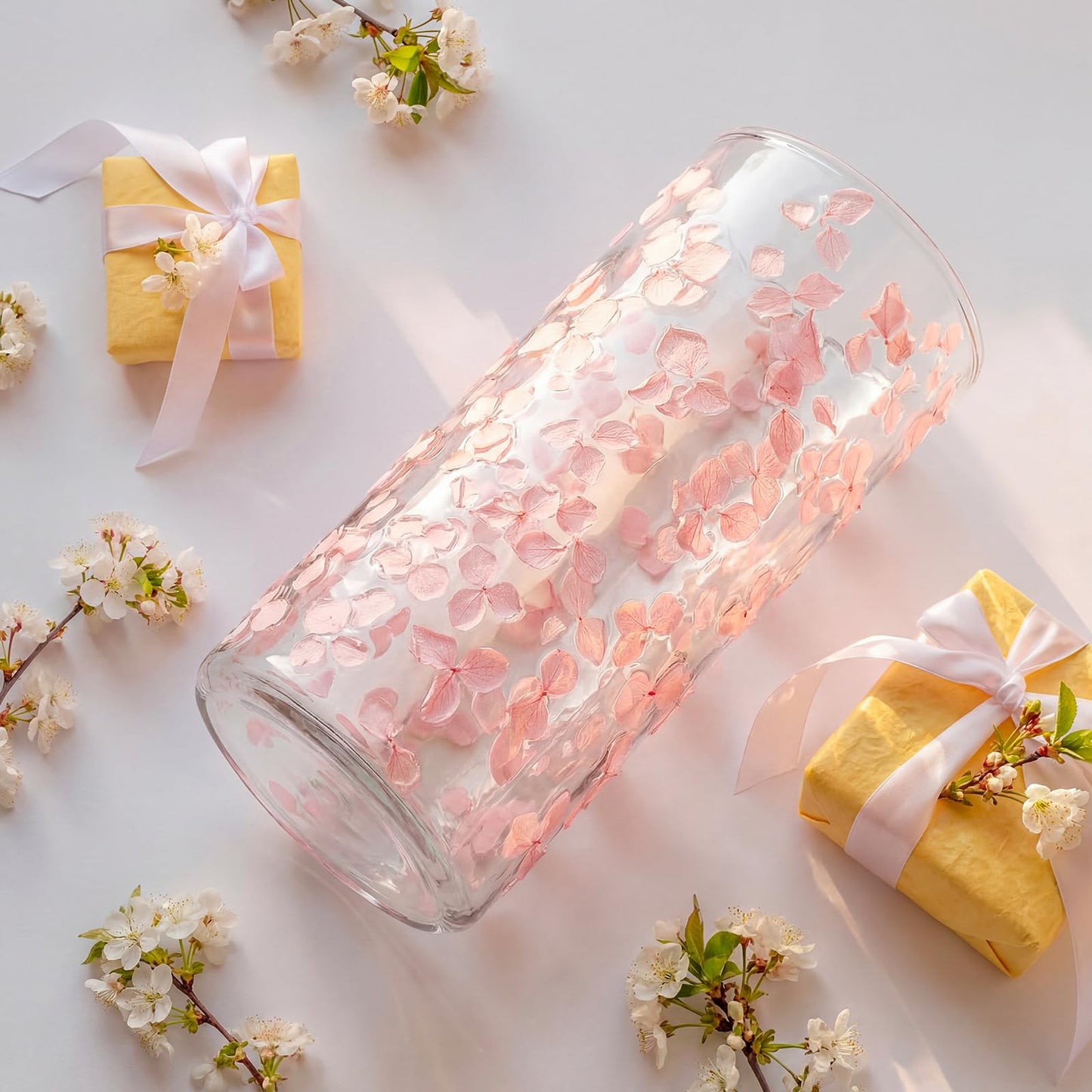 Ferrochef 8 Inch Pressed Flower Vase Clear Pink Glass Pressed Floral Vase Real Flower Art Decorative for Home Kitchen Bedroom Office Living Room Shelf Centerpiece Table Wedding Housewarming Gift