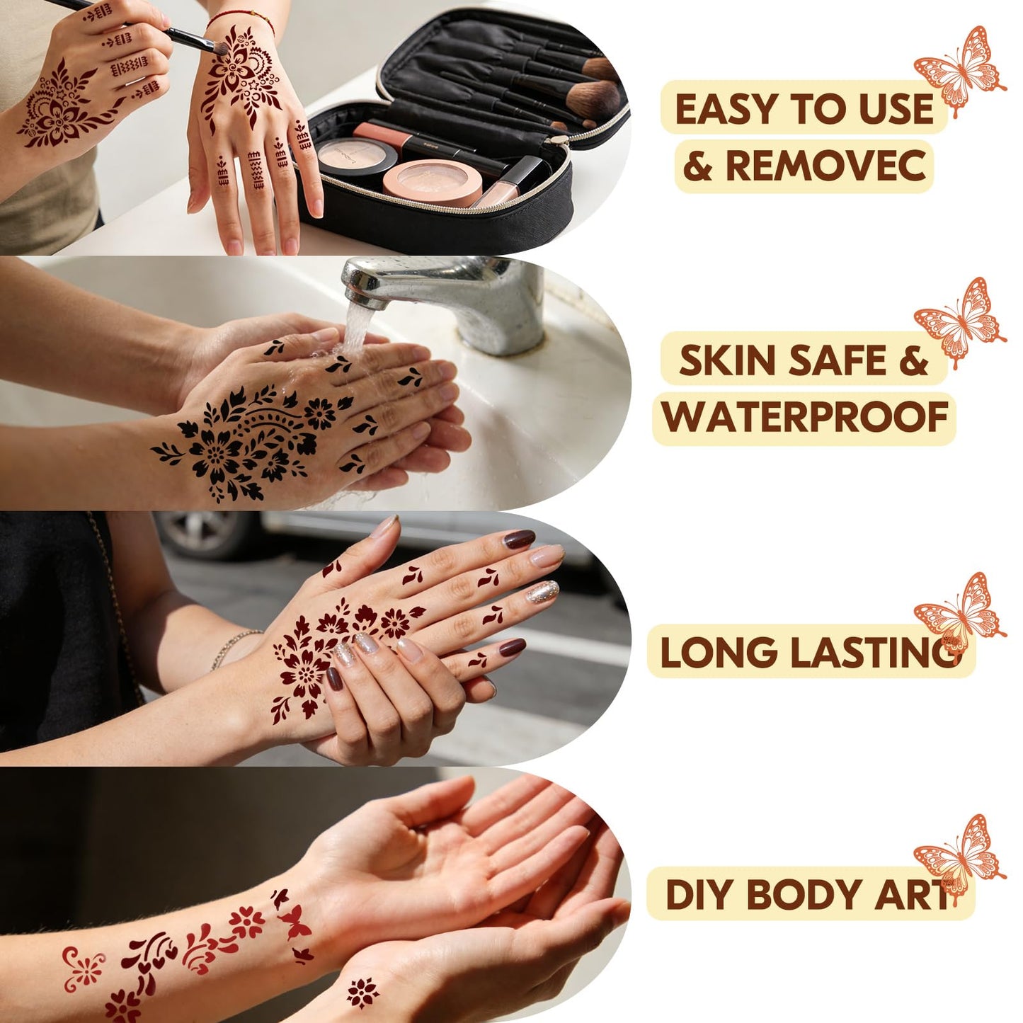 Gabizafia 136 PCS Henna Tattoo Stencil Kit, 6 PCS Ink Brown Black Cherry Red Henna DIY Face Body Art Mehndi Henna Stencils Skin Painting Tattoos Kit for Adult Women Men Bridal Wedding Ramadan Party