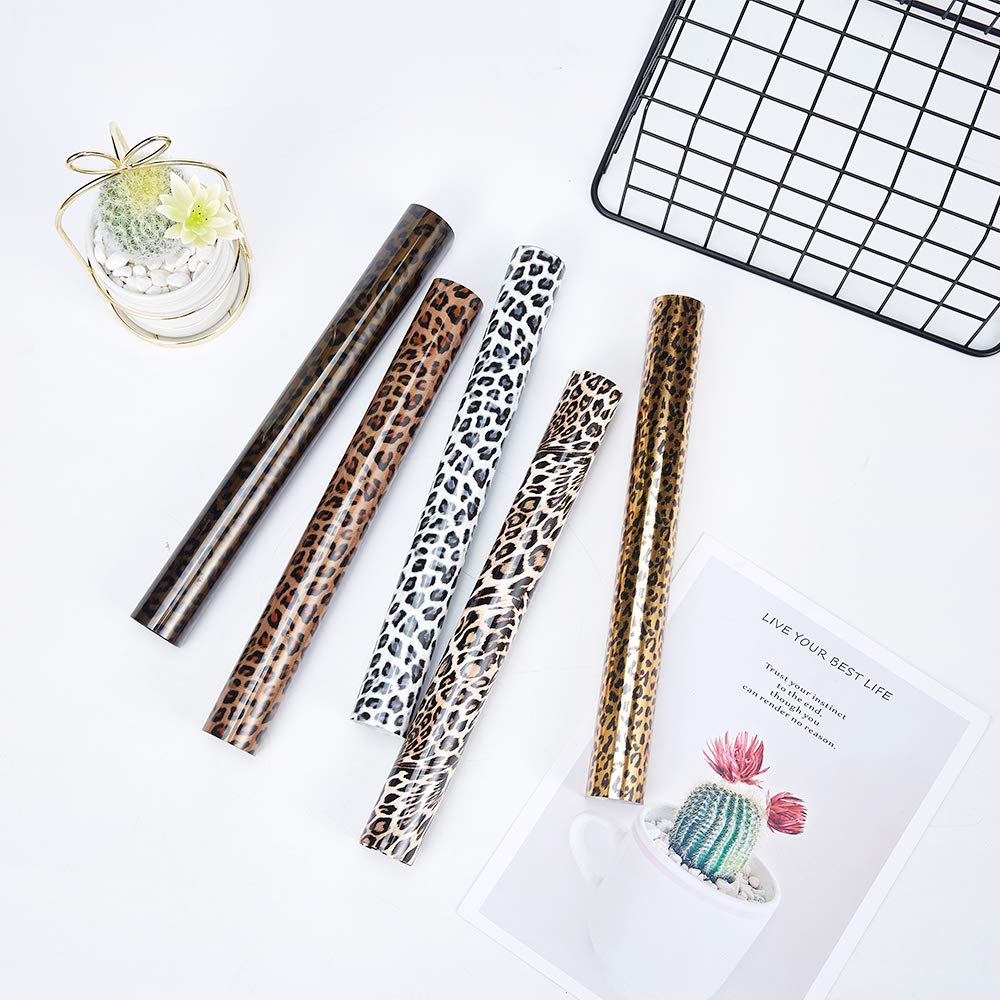 5pcs/Set Leopard Patterned Heat Transfer Vinyl, Stretchable 12" x 10" Cheetah Print HTV Vinyl Sheets for T-Shirt Decoration and DIY Craft Material