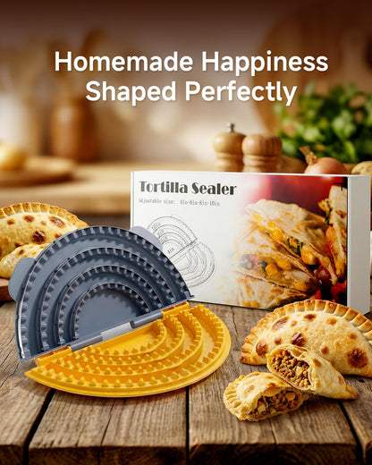 4-in-1 Tortilla Sealer Press, Tortilla Crimper Maker for 4”, 6”, 8”, 10” Wraps, Detachable Shark Tooth Design, BPA-Free, Dishwasher Safe, Suitable for Making Sealed Quesadilla, Taco, Burrito, Dumpling