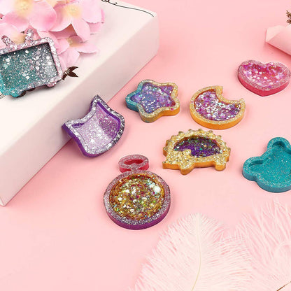 FineInno 11Pcs Quicksand Resin Casting Molds,Resin Art Shaker Mold, Crystal Silicone Hollow Mould Epoxy Pendant Mold Heart, Star, Moon,Bottle,Cat Head