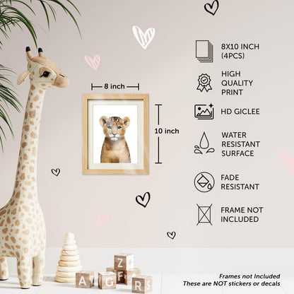 Safari Baby Animals Nursery Decor Art, Set of 4 UNFRAMED Wall Prints, 8x10