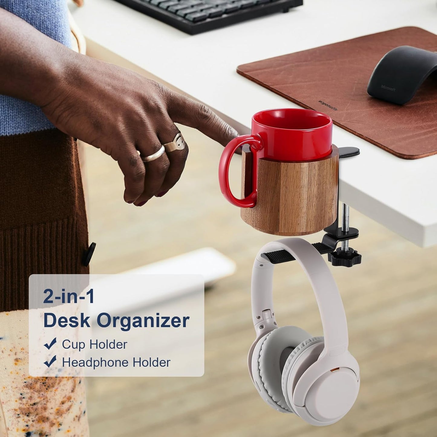Nnewvante 2 in 1 Desk Cup Holder, 360° Rotating Headphone Hanger and Anti-Spill Cup Holder for Gaming Desk Accessories