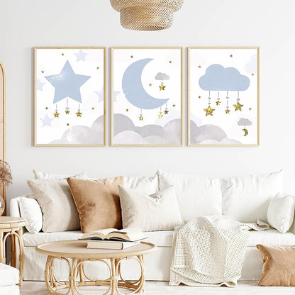 LUHDFYS Cartoon Moon and Stars Canvas Wall Art Print,Scandinavian Style Nursery Decor Poster,Blue Moon and Stars Wall