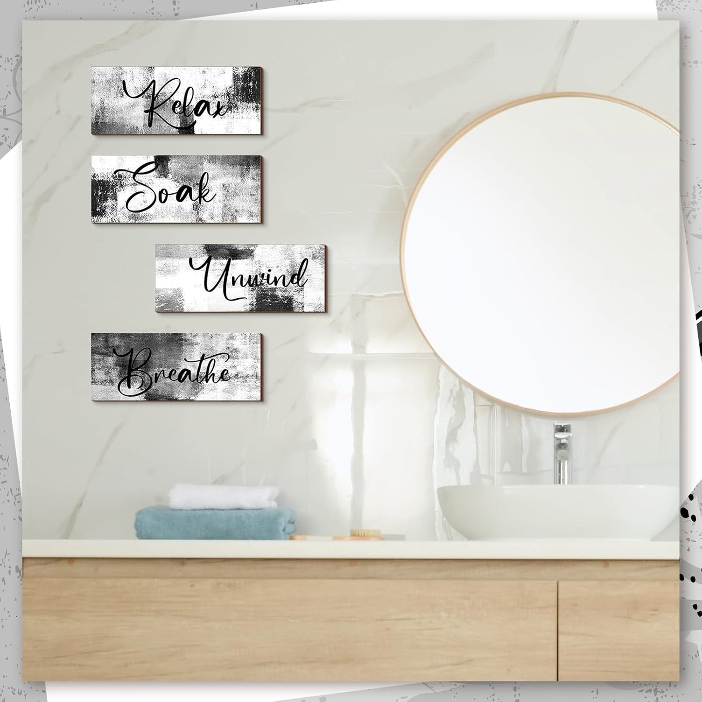 Maitys Bathroom Wall Art - Rustic 4-Piece Set for Soak, Unwind, Relax | 10 x 4 Inch Black & White Decor