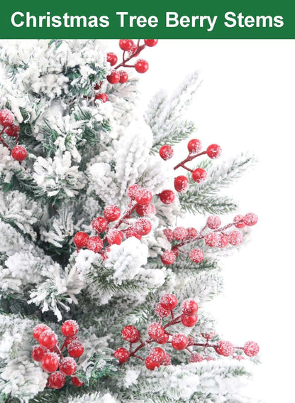 Feitore 30 Pack 8.9" Snow Frosted Red Berry Stems Holly Frosted Berry Picks Snowy Artificial Red Berries for Christmas