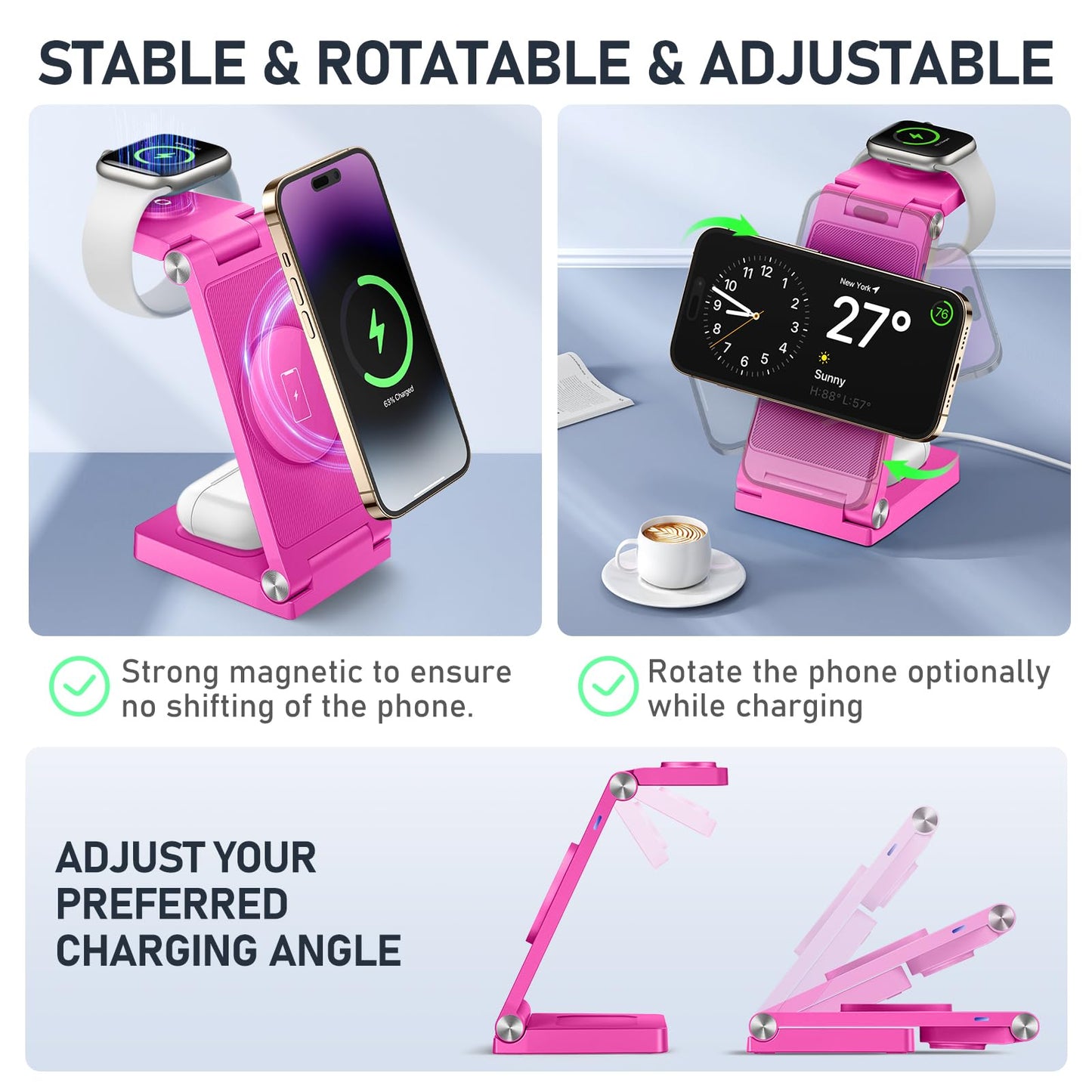 Magnetic Wireless Charger Stand, 3 in 1 Foldable Wireless Charging Station with 20W Adapter, Travel Charger for Multiple Devices for iPhone 17 16 15 14 13 12 Pro/Max/Plus/Mini, iWatch, AirPods