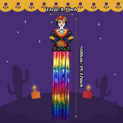 Kigley 8 Pcs Day of the Dead Sugar Skull Hanging Decorations Large Skeleton Dia De Los Muertos Party Decorations Sugar Skull Decor with Tassels Ropes for Halloween Party Outdoor Home 39.4 x 8.7 in