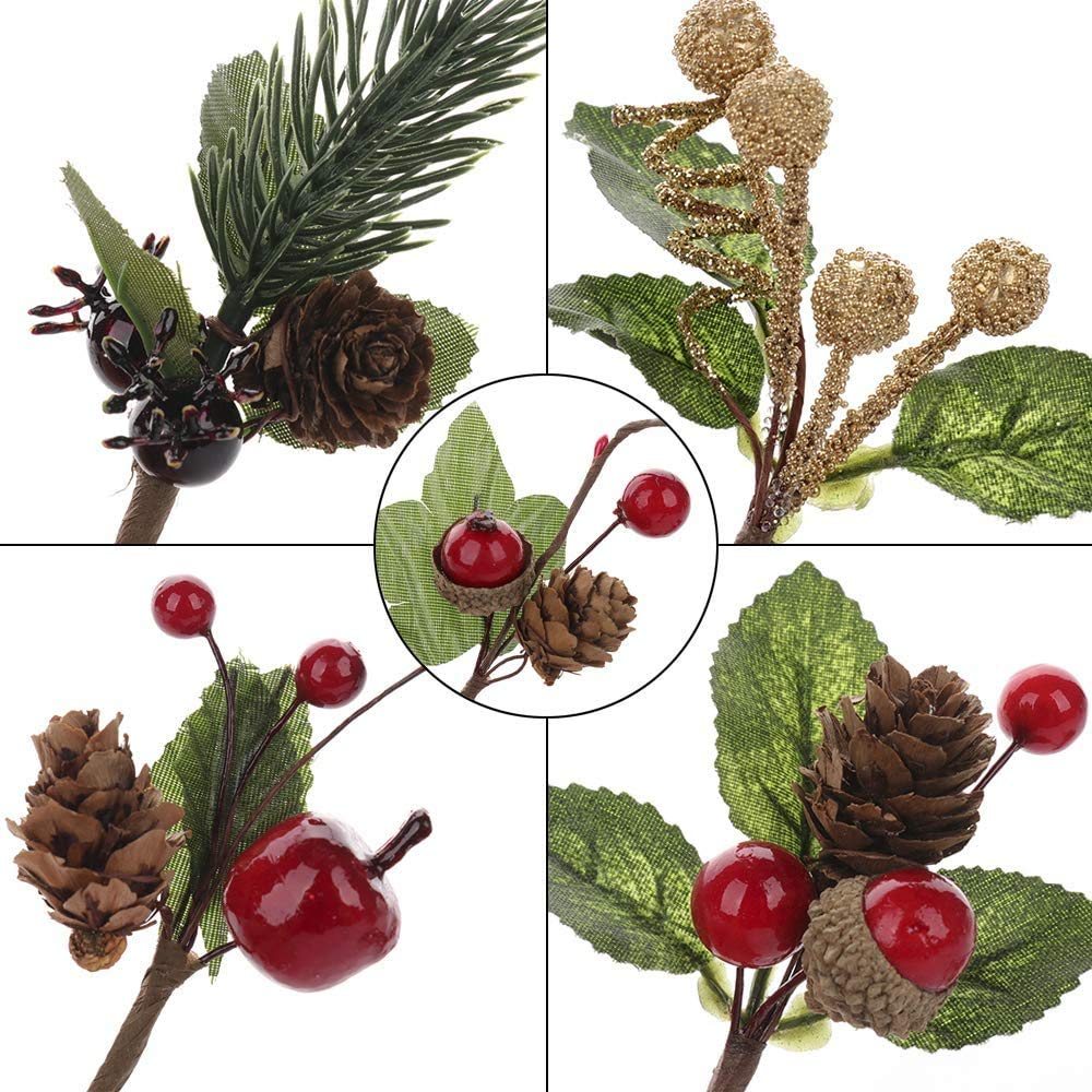 UWIOFF 20PCS Artificial Berry Picks, Christmas Pine Picks with Red Berries and Pine Cones for Christmas DIY Crafts Gift Wrapping Flower Arrangements Wreaths Holiday Floral Picks Christmas Decorations