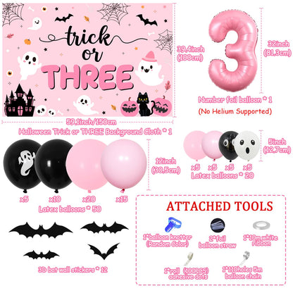 84Pcs Trick or Three Theme Halloween 3rd Birthday Party Decorations Pink Black Balloon Garland Arch Kit Number 3 Foil Balloon 3D Bat Wall Stickers for Girls Halloween Three Birthday Party Decor Favors