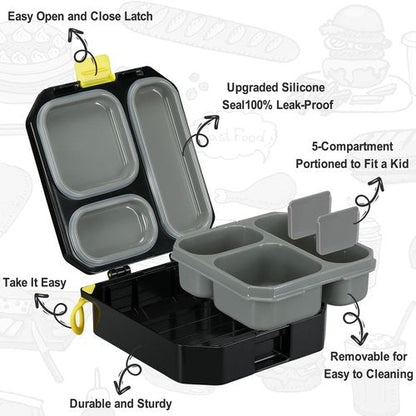 Itslife Bento Lunch Box Set for Kids with 12oz Soup Thermo&Lunch Bag, Leak-Proof Lunch Food Containers for Kids School, 5 Compartment, Sauce Cup, 10 Notes (Gaming Black)