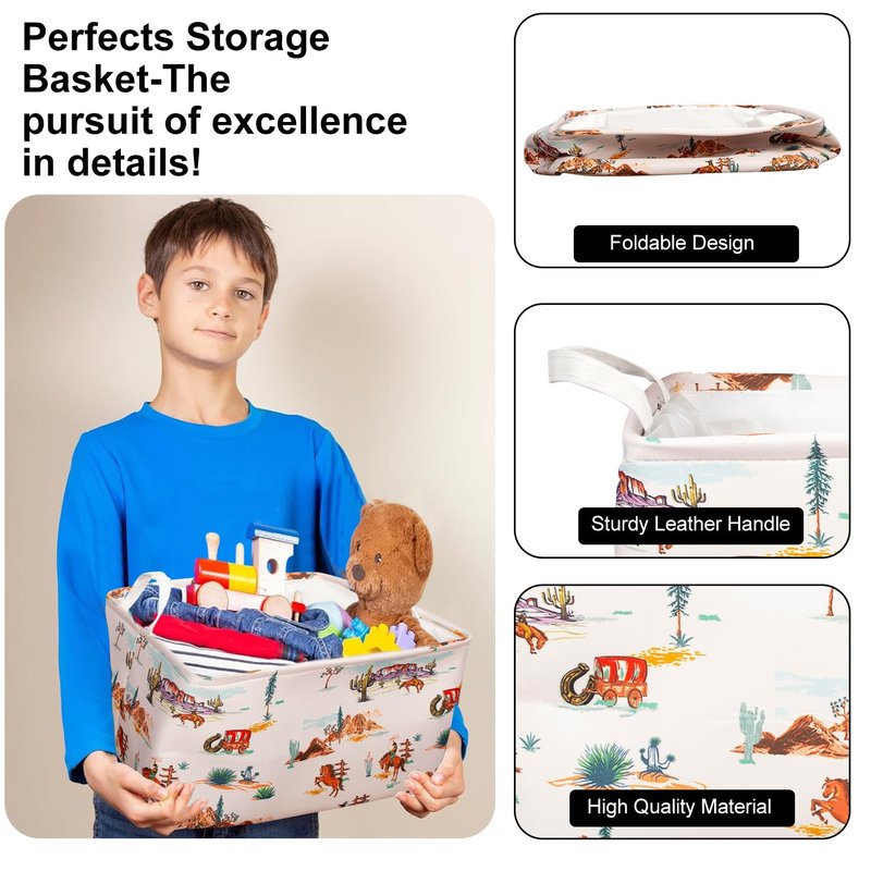 3 Pcs Western Bull Boho Rectangle Storage Basket Collapsible Highland Cow Storage Bin for Nursery Toys Books Waterproof Baskets for Closet Shelves Bedroom Decor(Cow)