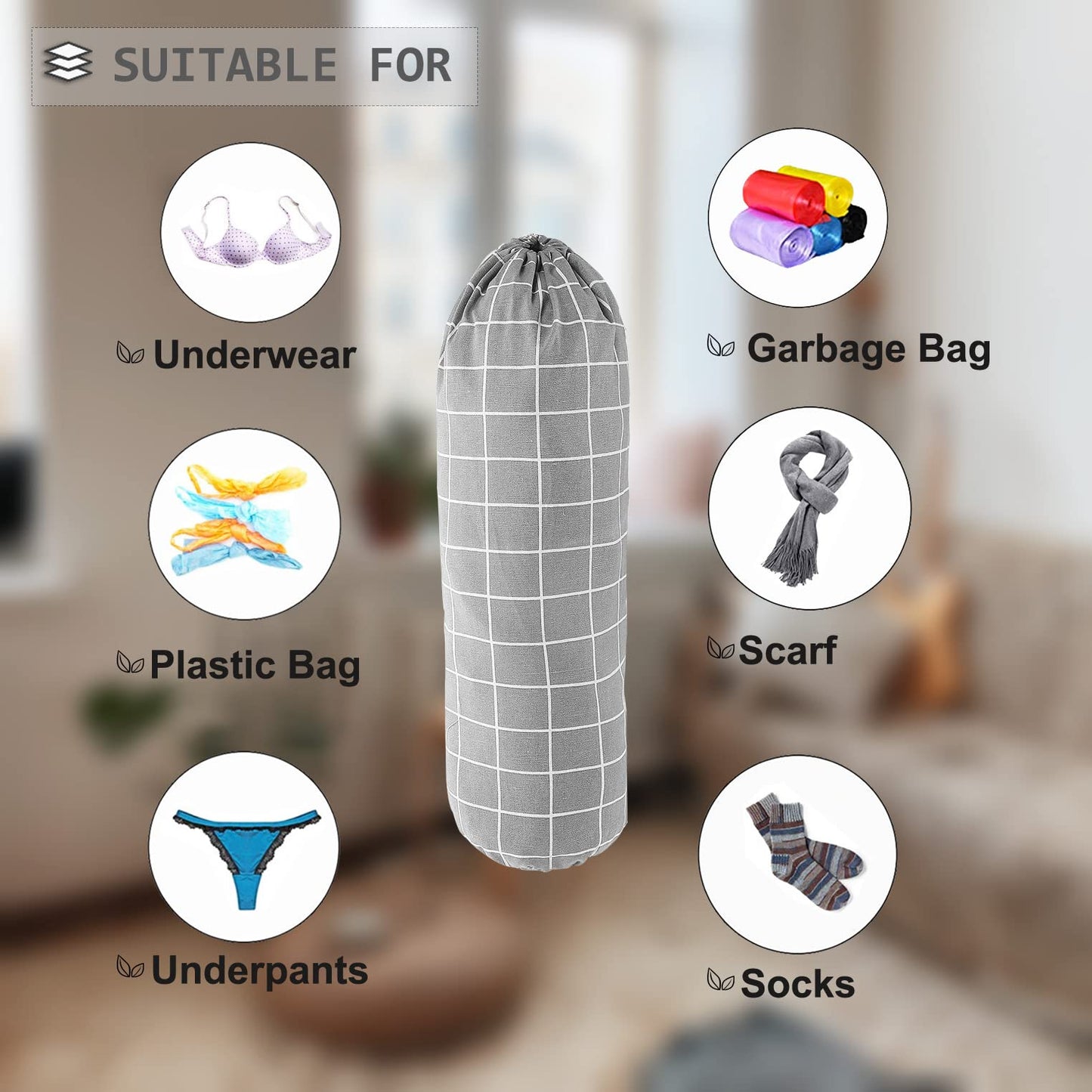 SYIPO Plastic Bag Holder, Wall Mount Organizer, Shopping Bags Carrier, Washable Large Grocery Storage Dispenser for Home Kitchen Travelling, Free Adjustment with Drawstring (Check Gray)