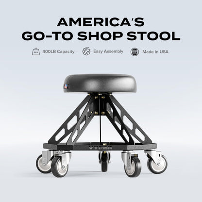 Vyper Robust Steel Pro Shop Chair for Mechanics, Automotive, DIY - 400 lb Capacity Garage Stool, Large Wheels (Black Seat, Red Frame)