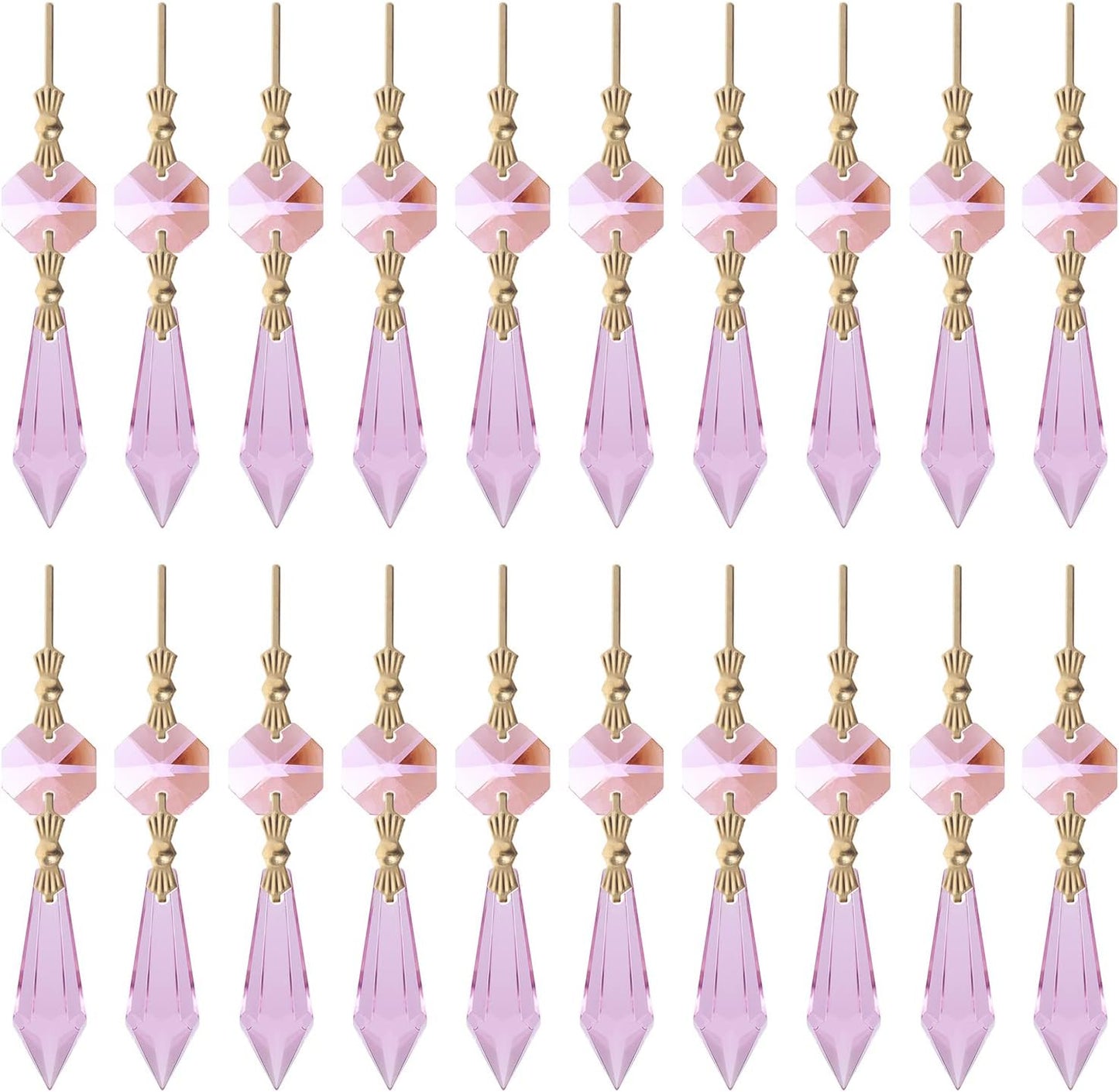 20pcs Pink Crystals Prisms Glass Tip Beads Replacement Chandelier Icicle Drop Pendants Octagon Crystal Beads Gold Pins